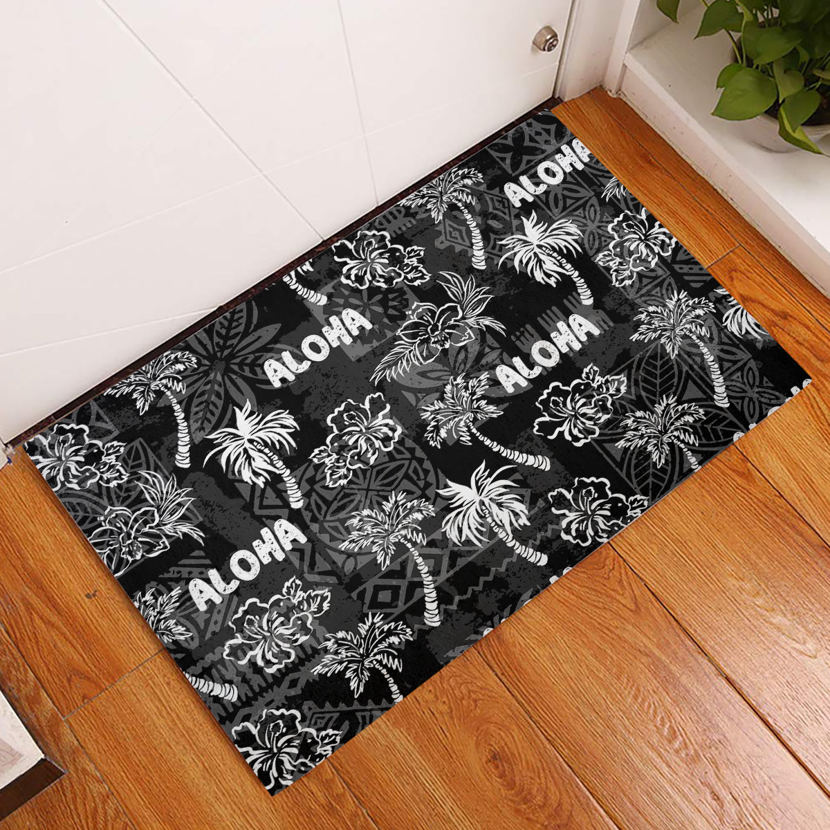 Aloha Vintage Quilt Rubber Doormat Hawaiian Seamless - Black LT7 Black - Polynesian Pride