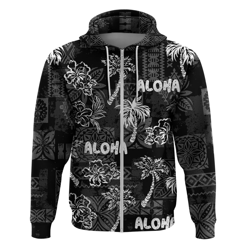 Aloha Vintage Quilt Zip Hoodie Hawaiian Seamless - Black LT7 Zip Hoodie Black - Polynesian Pride