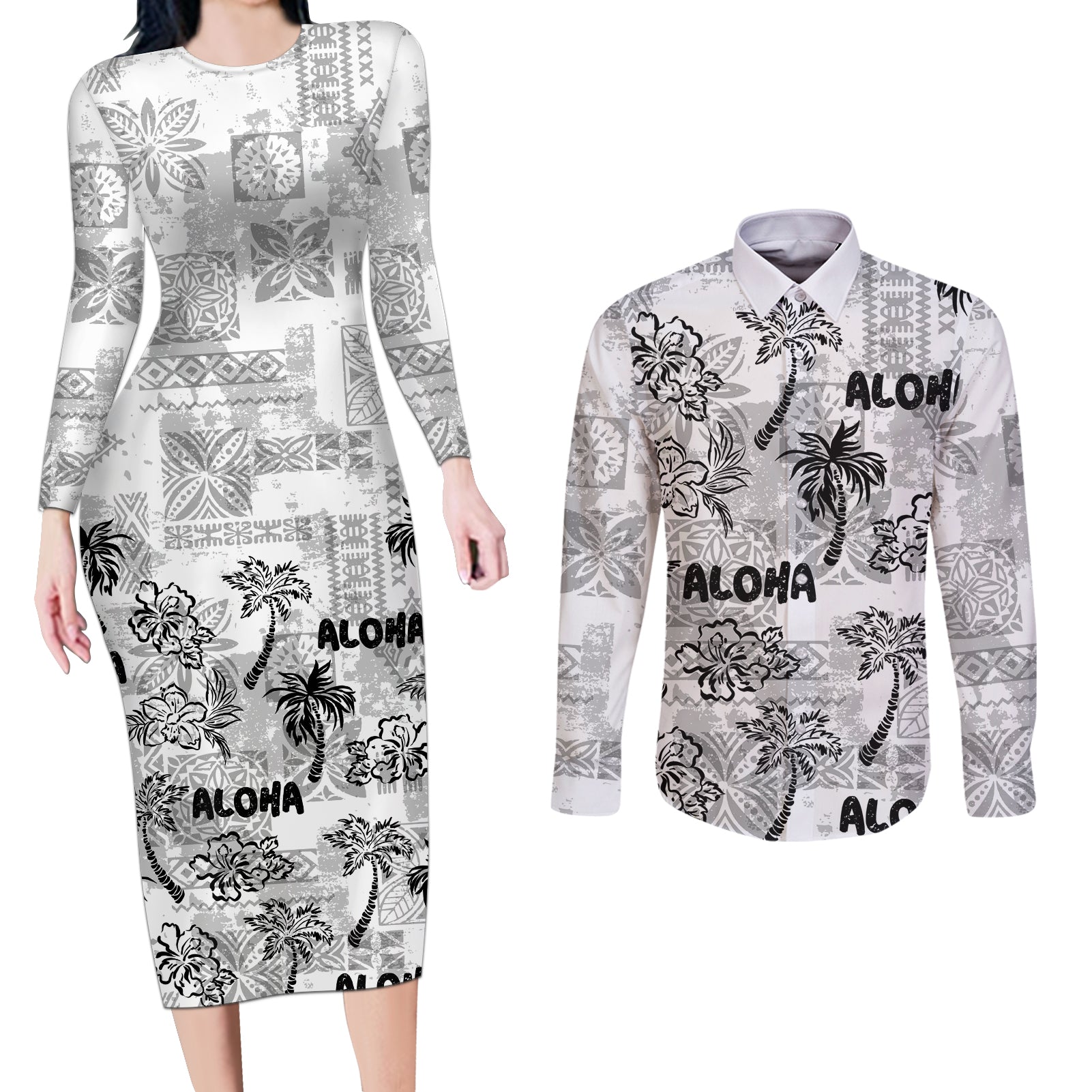 Aloha Vintage Quilt Couples Matching Long Sleeve Bodycon Dress and Long Sleeve Button Shirt Hawaiian Seamless - White LT7 White - Polynesian Pride