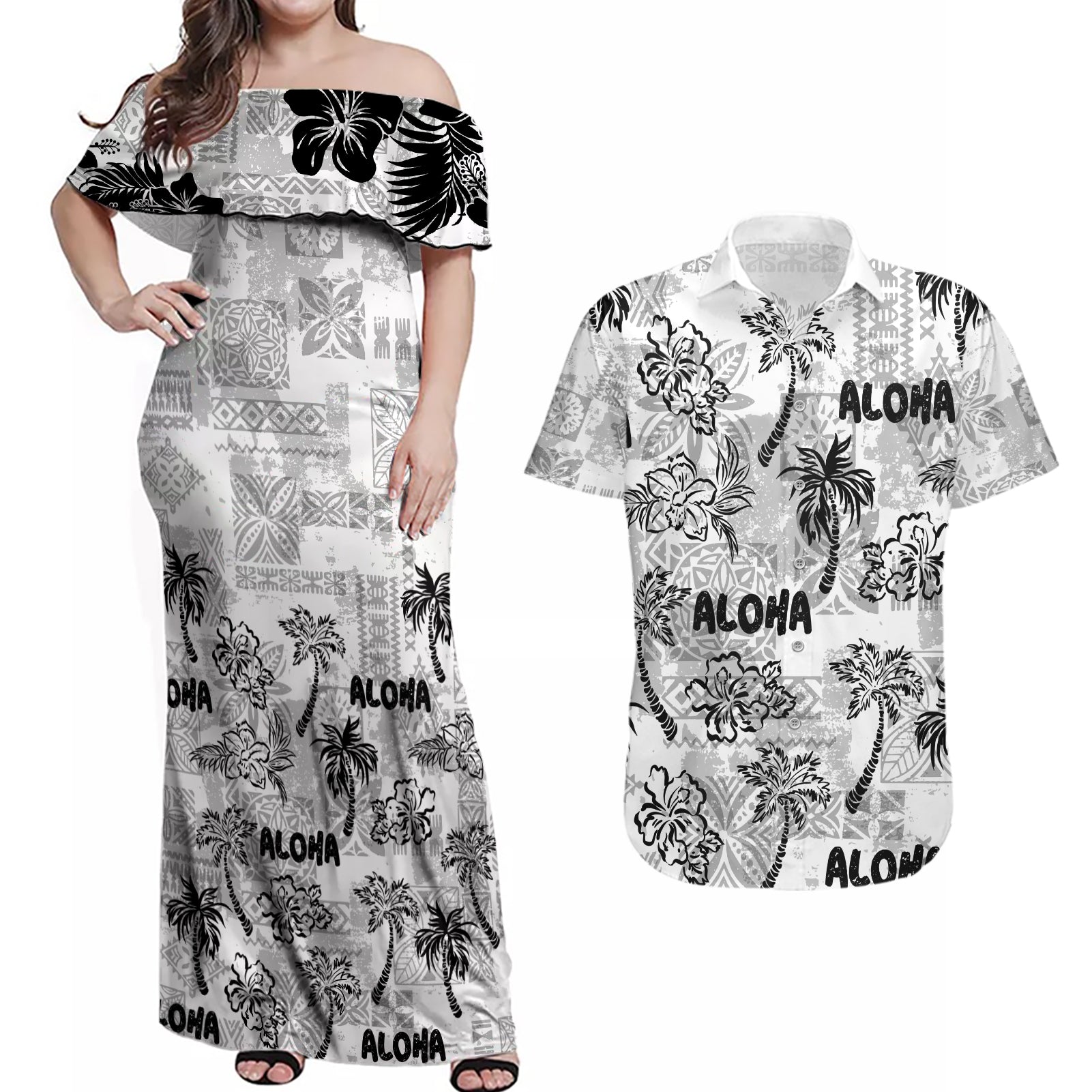 Aloha Vintage Quilt Couples Matching Off Shoulder Maxi Dress and Hawaiian Shirt Hawaiian Seamless - White LT7 White - Polynesian Pride