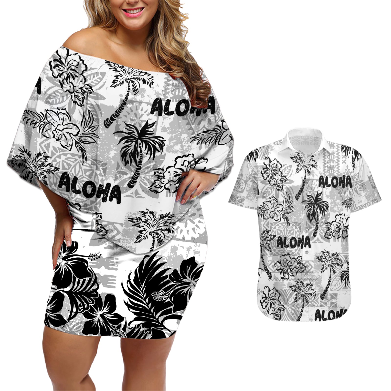 Aloha Vintage Quilt Couples Matching Off Shoulder Short Dress and Hawaiian Shirt Hawaiian Seamless - White LT7 White - Polynesian Pride