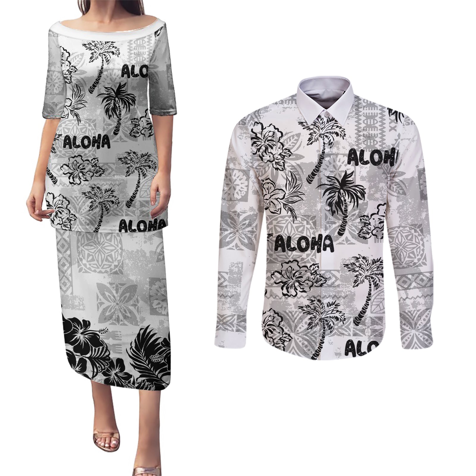 Aloha Vintage Quilt Couples Matching Puletasi Dress and Long Sleeve Button Shirt Hawaiian Seamless - White LT7 White - Polynesian Pride