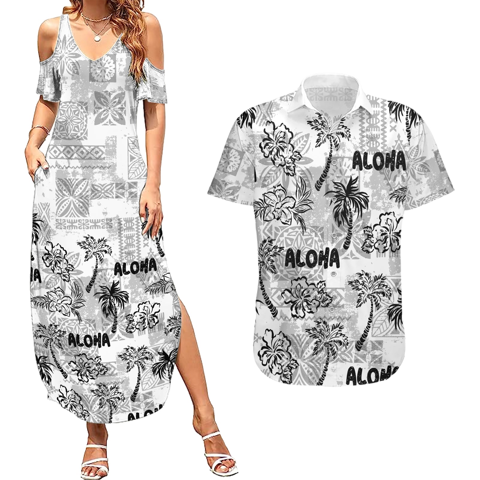 Aloha Vintage Quilt Couples Matching Summer Maxi Dress and Hawaiian Shirt Hawaiian Seamless - White LT7 White - Polynesian Pride