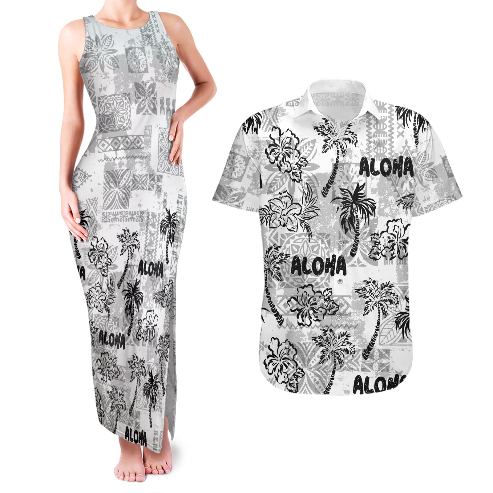 Aloha Vintage Quilt Couples Matching Tank Maxi Dress and Hawaiian Shirt Hawaiian Seamless - White LT7 White - Polynesian Pride