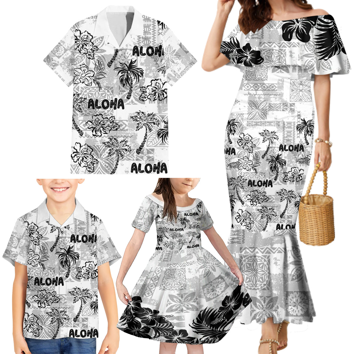 Aloha Vintage Quilt Family Matching Mermaid Dress and Hawaiian Shirt Hawaiian Seamless - White LT7 - Polynesian Pride