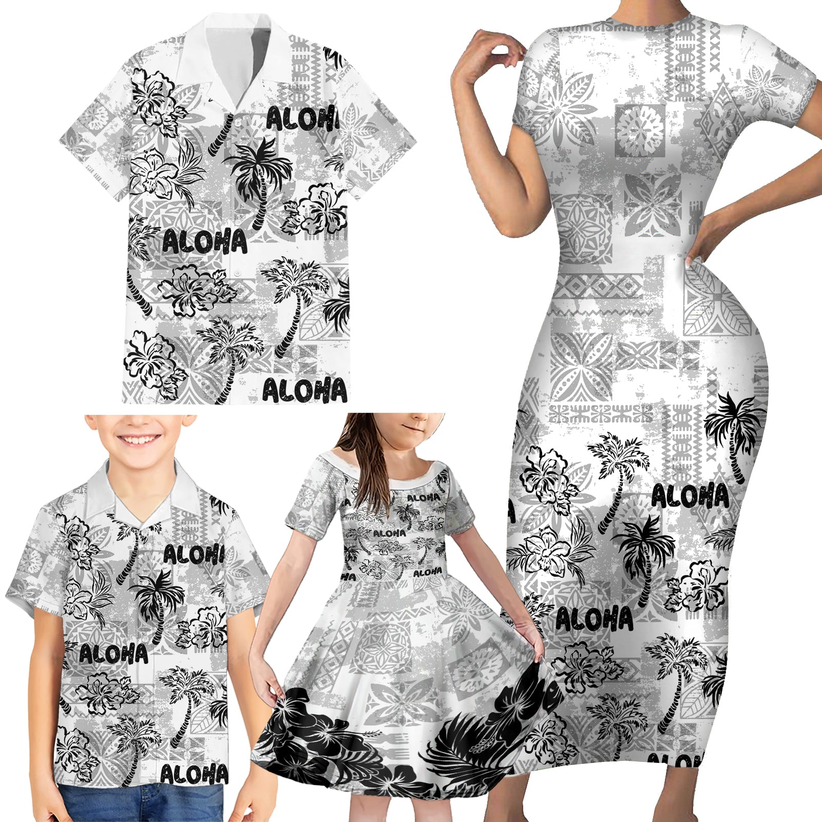 Aloha Vintage Quilt Family Matching Short Sleeve Bodycon Dress and Hawaiian Shirt Hawaiian Seamless - White LT7 - Polynesian Pride