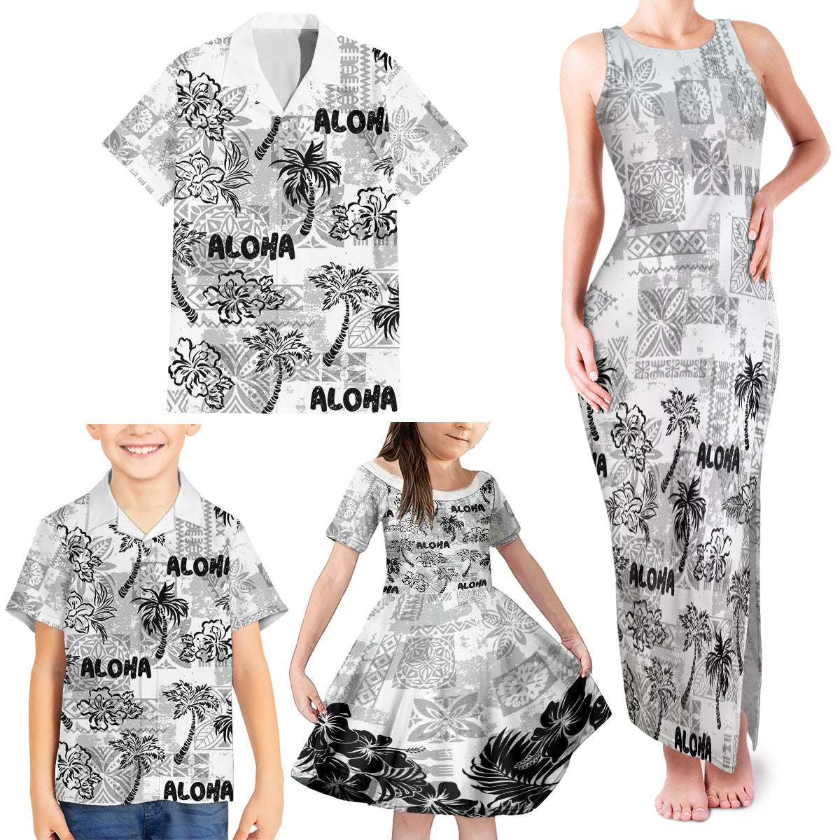 Aloha Vintage Quilt Family Matching Tank Maxi Dress and Hawaiian Shirt Hawaiian Seamless - White LT7 - Polynesian Pride