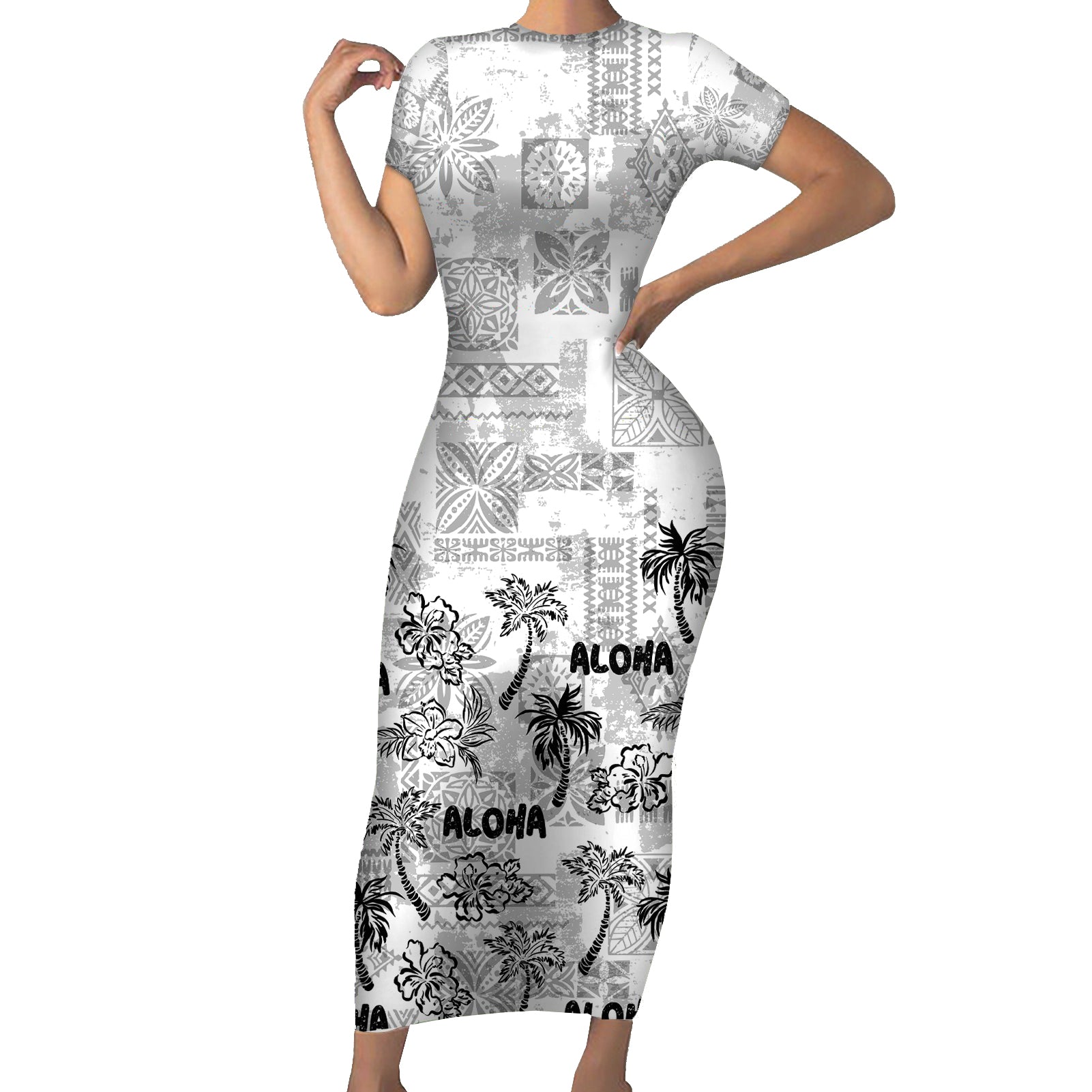 Aloha Vintage Quilt Short Sleeve Bodycon Dress Hawaiian Seamless - White LT7 Long Dress White - Polynesian Pride