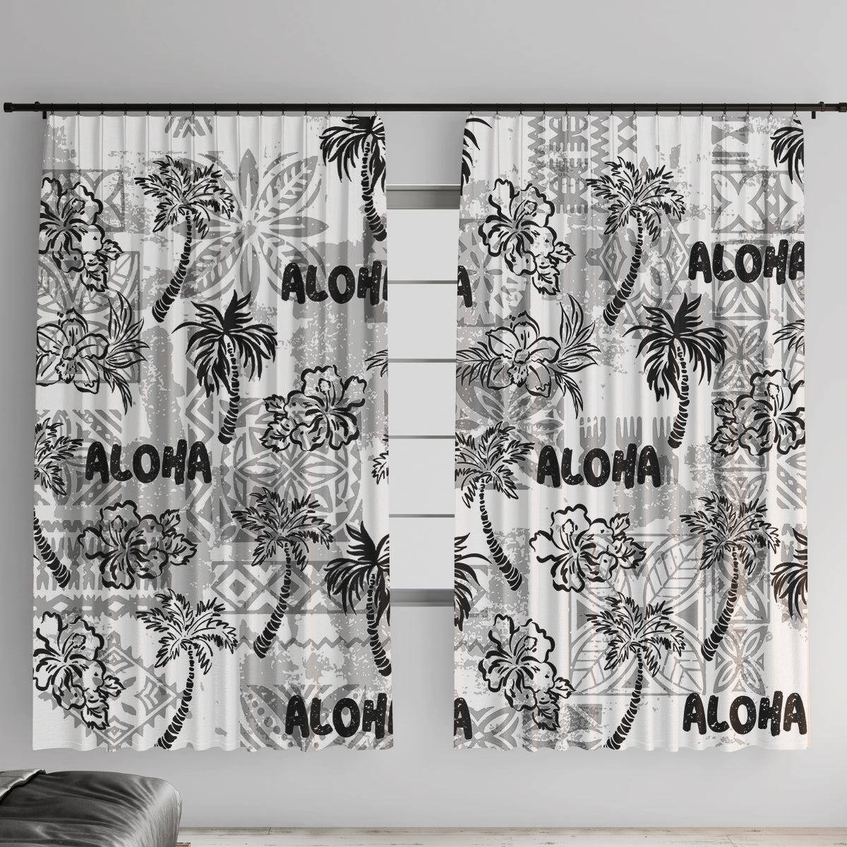 Aloha Vintage Quilt Window Curtain Hawaiian Seamless - White LT7 With Hooks White - Polynesian Pride