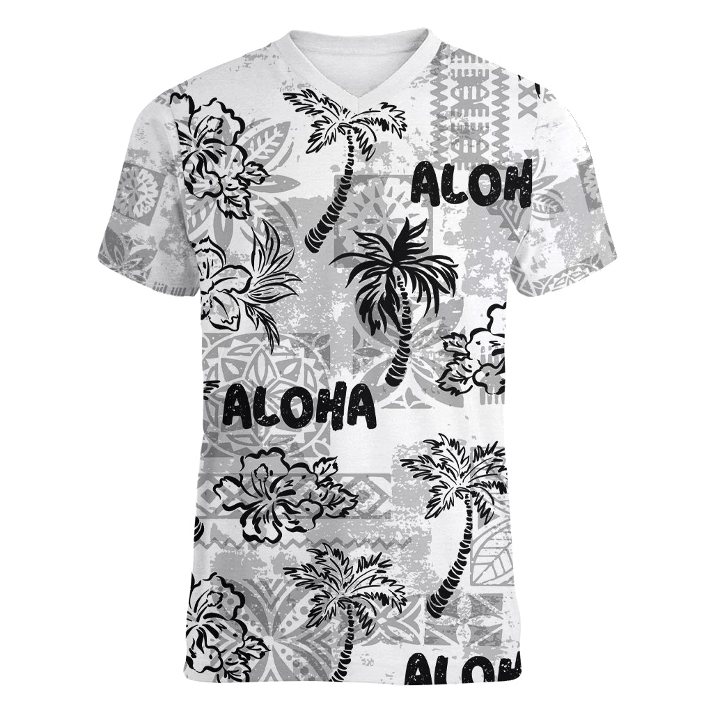 Aloha Vintage Quilt Women V Neck T Shirt Hawaiian Seamless - White LT7 Female White - Polynesian Pride