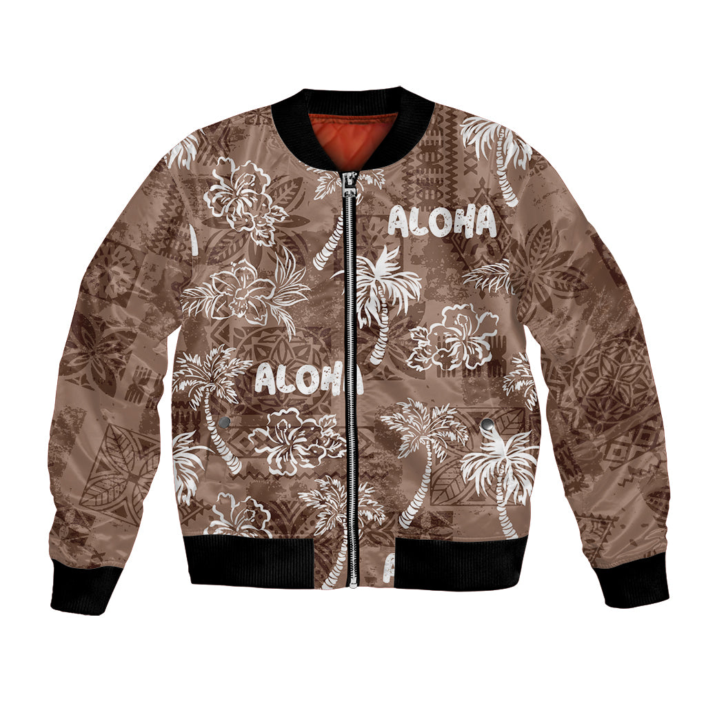 Aloha Vintage Quilt Bomber Jacket Hawaiian Seamless - Brown LT7 Unisex Brown - Polynesian Pride