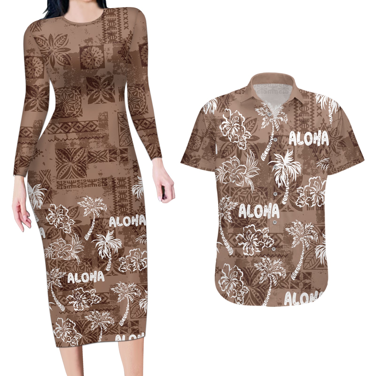 Aloha Vintage Quilt Couples Matching Long Sleeve Bodycon Dress and Hawaiian Shirt Hawaiian Seamless - Brown LT7 Brown - Polynesian Pride