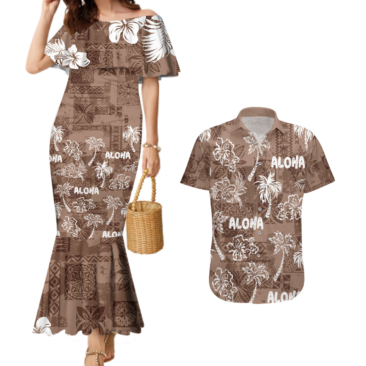 Aloha Vintage Quilt Couples Matching Mermaid Dress and Hawaiian Shirt Hawaiian Seamless - Brown LT7 Brown - Polynesian Pride