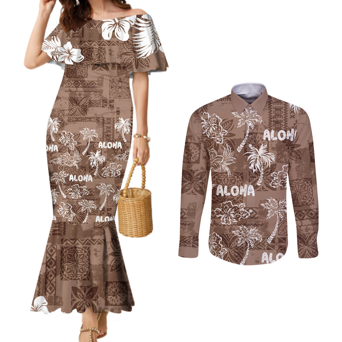 Aloha Vintage Quilt Couples Matching Mermaid Dress and Long Sleeve Button Shirt Hawaiian Seamless - Brown LT7 Brown - Polynesian Pride