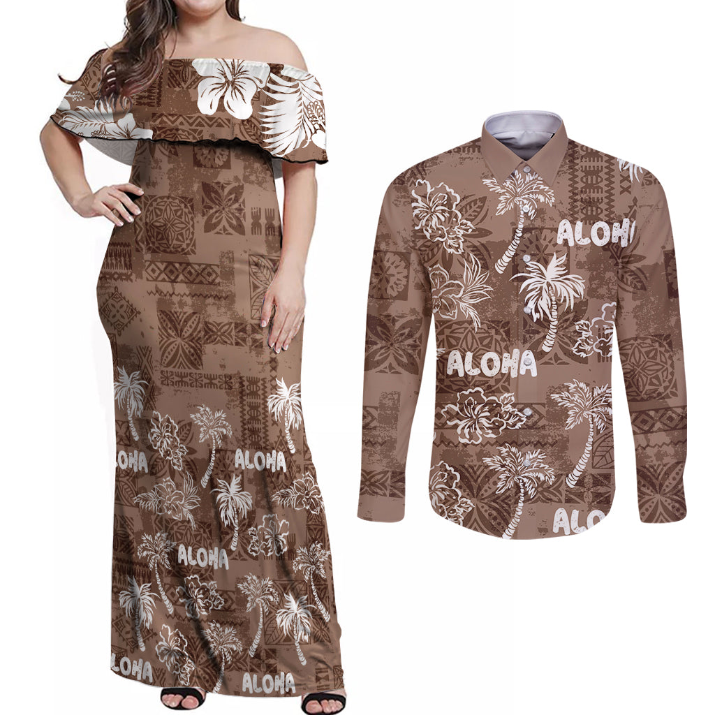 Aloha Vintage Quilt Couples Matching Off Shoulder Maxi Dress and Long Sleeve Button Shirt Hawaiian Seamless - Brown LT7 Brown - Polynesian Pride