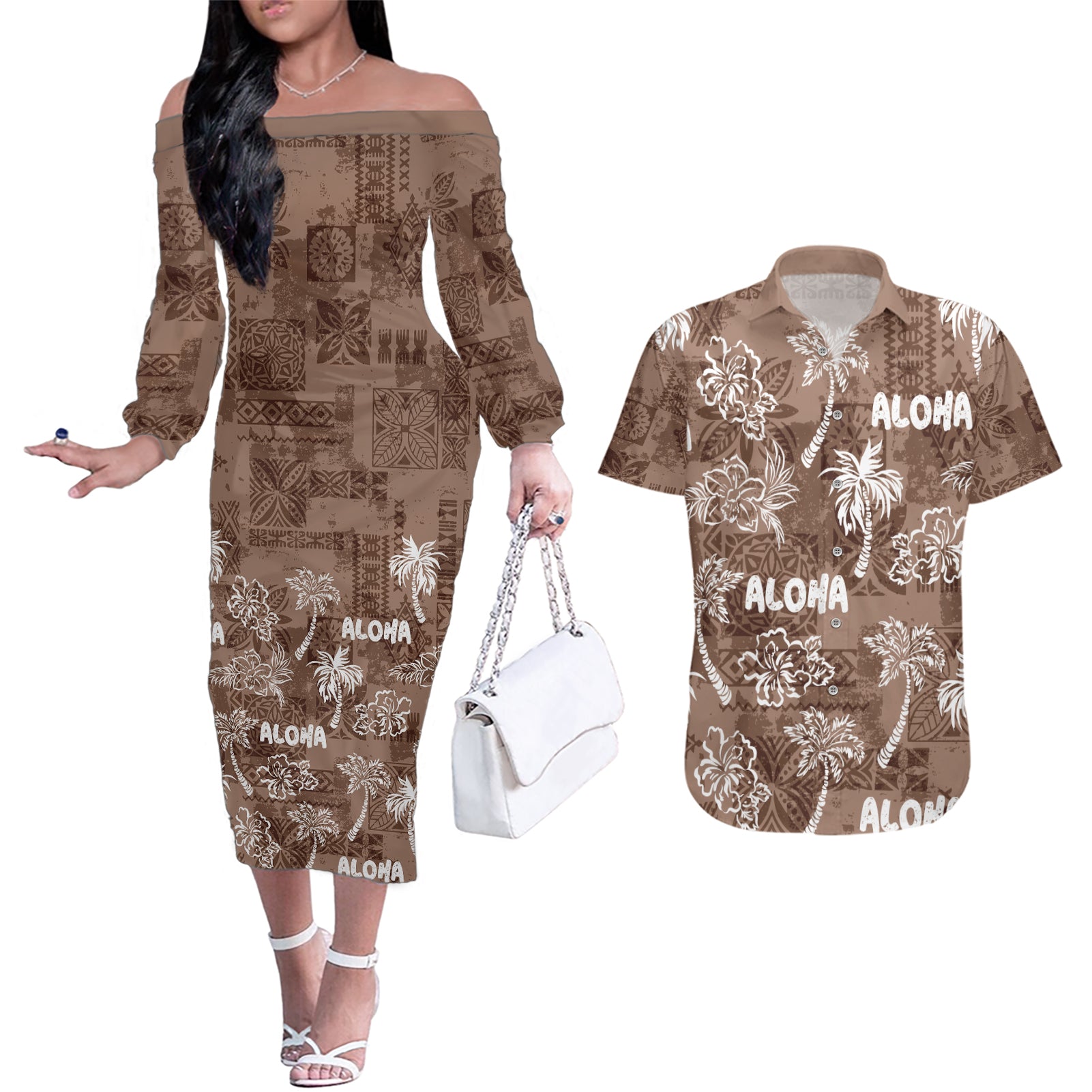 Aloha Vintage Quilt Couples Matching Off The Shoulder Long Sleeve Dress and Hawaiian Shirt Hawaiian Seamless - Brown LT7 Brown - Polynesian Pride