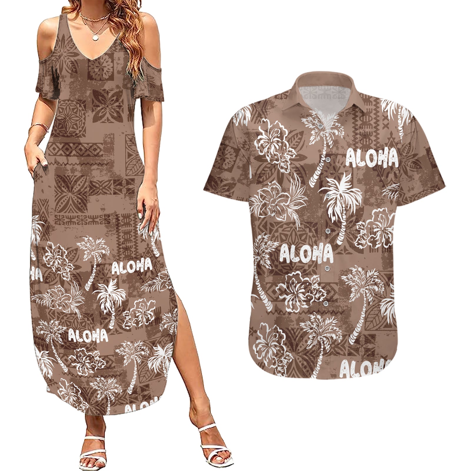 Aloha Vintage Quilt Couples Matching Summer Maxi Dress and Hawaiian Shirt Hawaiian Seamless - Brown LT7 Brown - Polynesian Pride