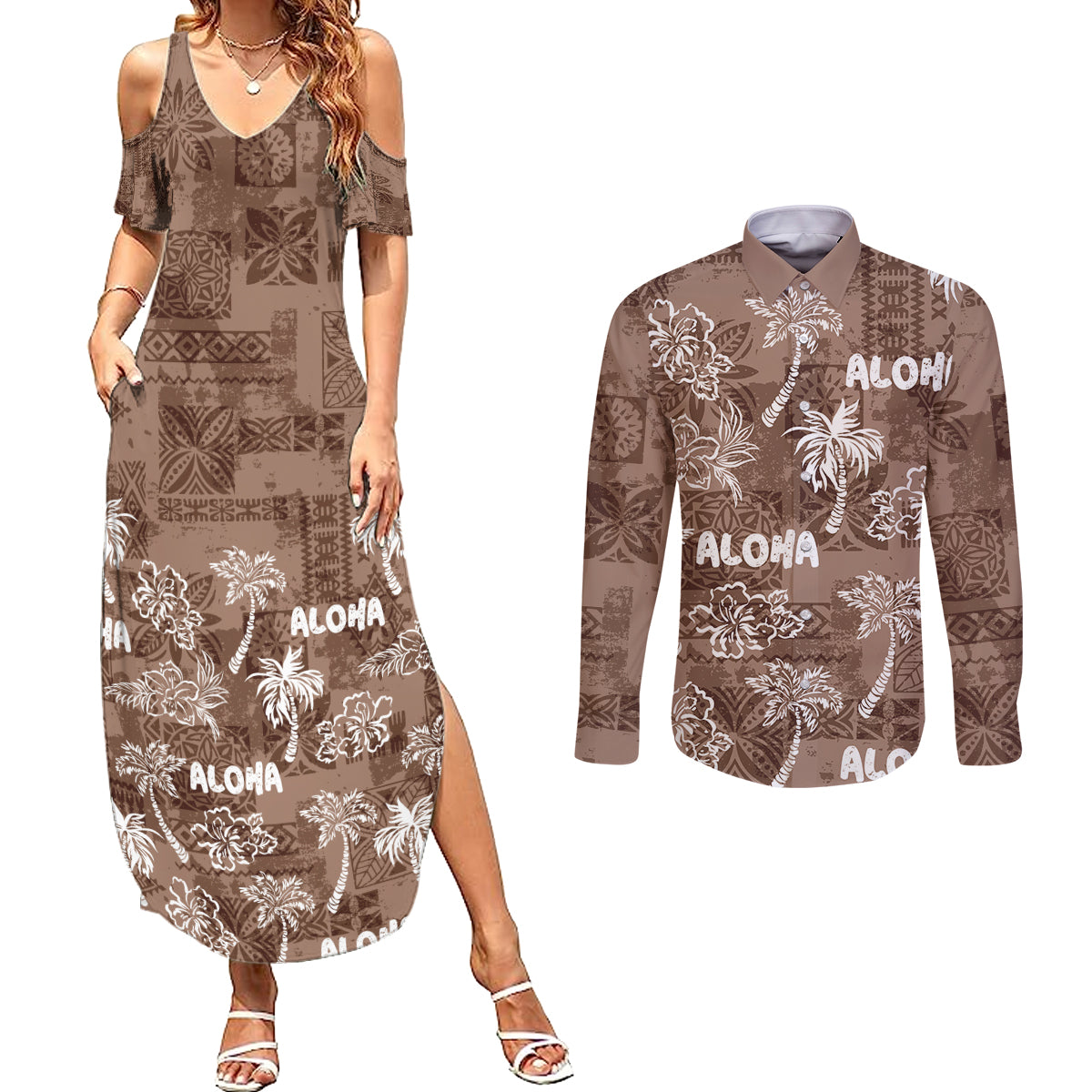 Aloha Vintage Quilt Couples Matching Summer Maxi Dress and Long Sleeve Button Shirt Hawaiian Seamless - Brown LT7 Brown - Polynesian Pride