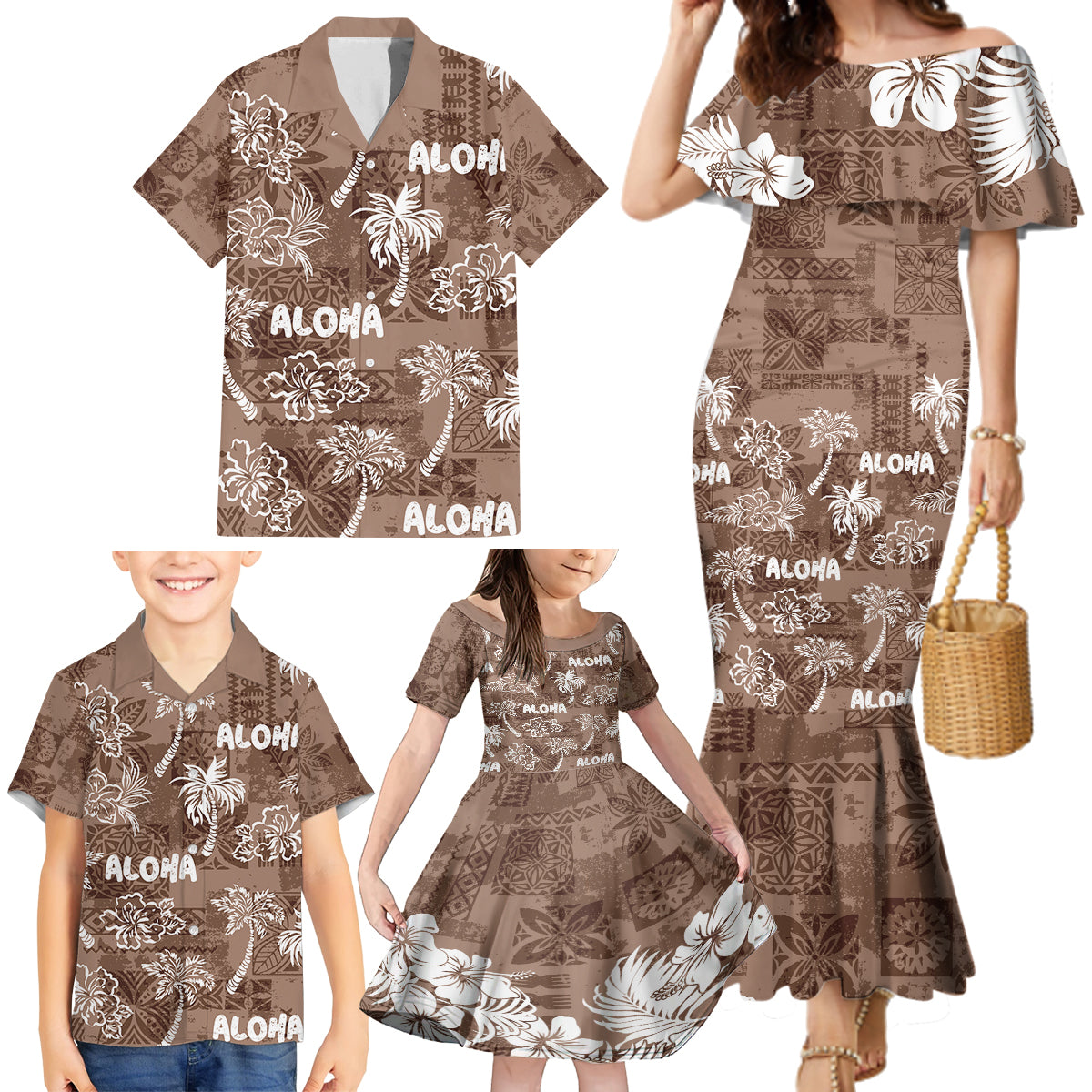 Aloha Vintage Quilt Family Matching Mermaid Dress and Hawaiian Shirt Hawaiian Seamless - Brown LT7 - Polynesian Pride