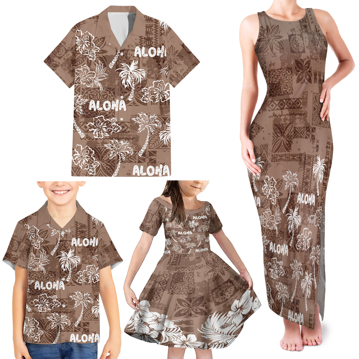 Aloha Vintage Quilt Family Matching Tank Maxi Dress and Hawaiian Shirt Hawaiian Seamless - Brown LT7 - Polynesian Pride