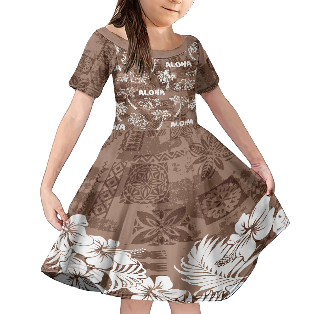 Aloha Vintage Quilt Kid Short Sleeve Dress Hawaiian Seamless - Brown LT7 KID Brown - Polynesian Pride