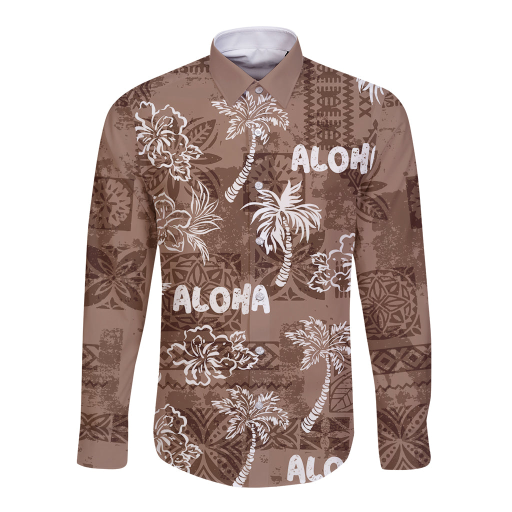 Aloha Vintage Quilt Long Sleeve Button Shirt Hawaiian Seamless - Brown LT7 Unisex Brown - Polynesian Pride