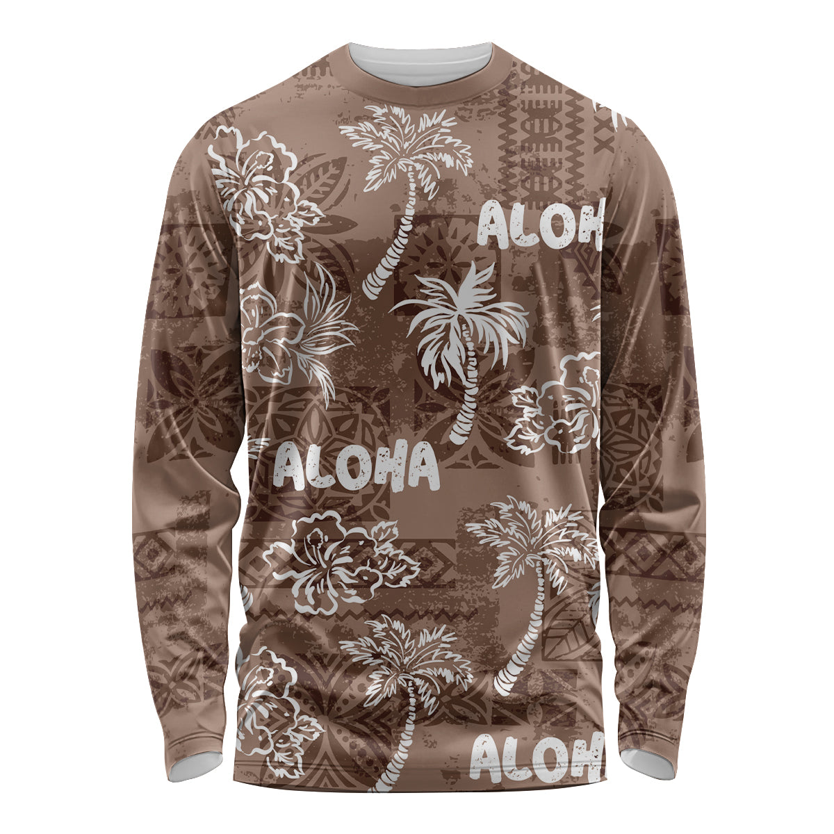 Aloha Vintage Quilt Long Sleeve Shirt Hawaiian Seamless - Brown LT7 Unisex Brown - Polynesian Pride