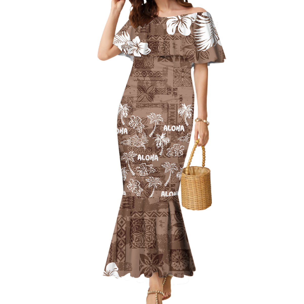 Aloha Vintage Quilt Mermaid Dress Hawaiian Seamless - Brown LT7 Women Brown - Polynesian Pride