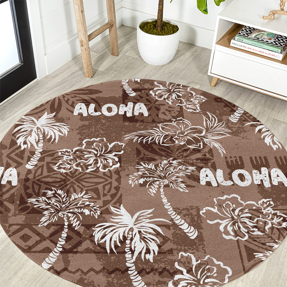 Aloha Vintage Quilt Round Carpet Hawaiian Seamless - Brown LT7 Brown - Polynesian Pride