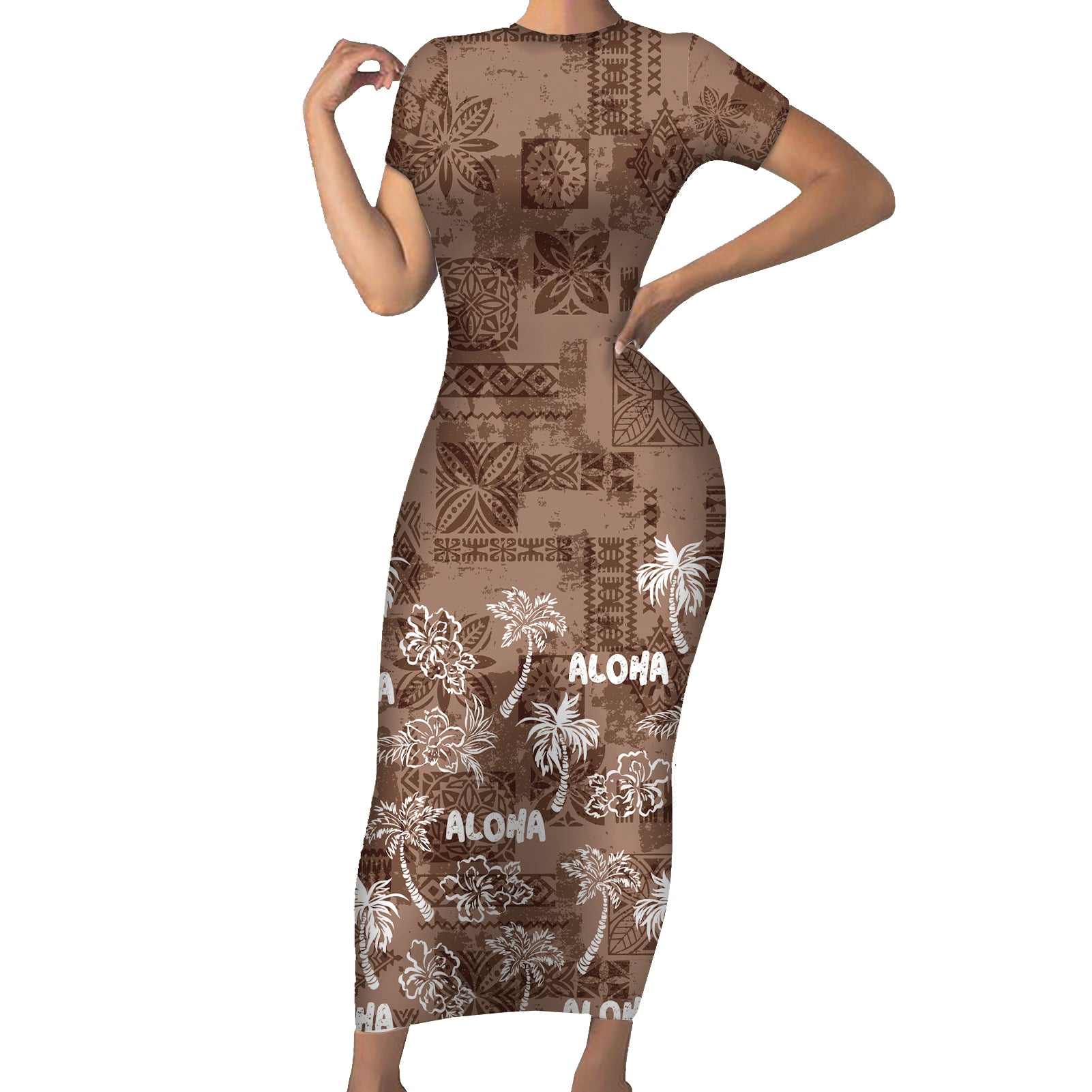 Aloha Vintage Quilt Short Sleeve Bodycon Dress Hawaiian Seamless - Brown LT7 Long Dress Brown - Polynesian Pride