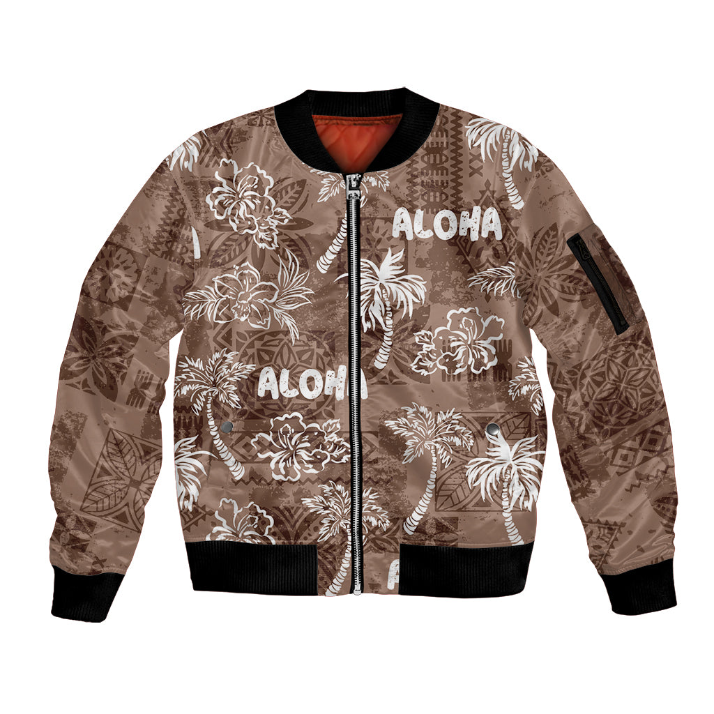 Aloha Vintage Quilt Sleeve Zip Bomber Jacket Hawaiian Seamless - Brown LT7 Unisex Brown - Polynesian Pride