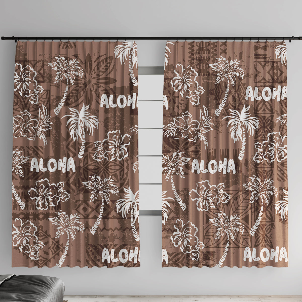 Aloha Vintage Quilt Window Curtain Hawaiian Seamless - Brown LT7 With Hooks Brown - Polynesian Pride