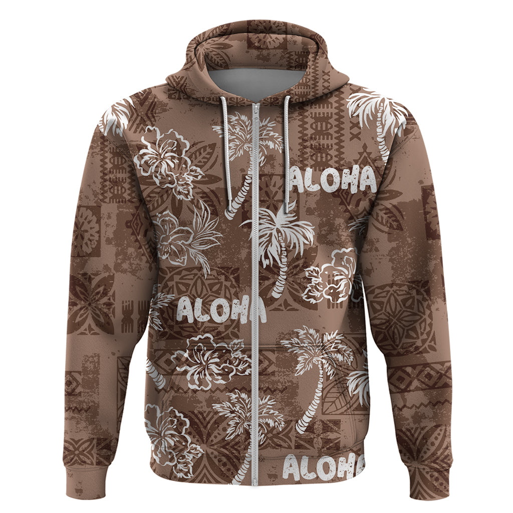 Aloha Vintage Quilt Zip Hoodie Hawaiian Seamless - Brown LT7 Zip Hoodie Brown - Polynesian Pride