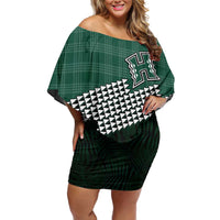 Rainbow Warriors Hawaii Personalized Palaka Off Shoulder Short Dress LT7 Women Green - Polynesian Pride