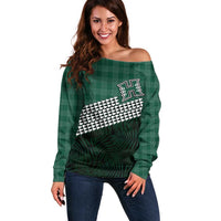 Rainbow Warriors Hawaii Personalized Palaka Off Shoulder Sweater LT7 Women Green - Polynesian Pride