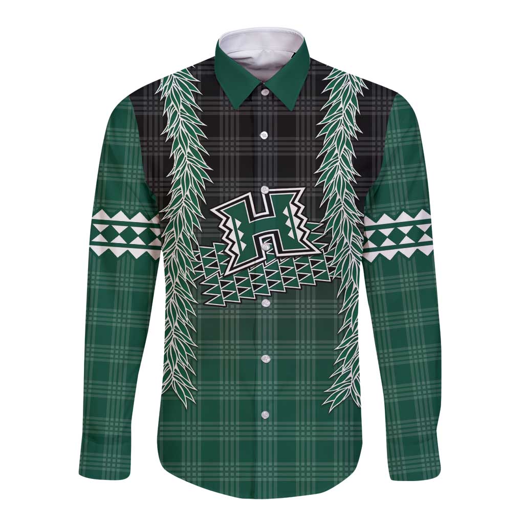 Rainbow Warriors Hawaii Palaka Long Sleeve Button Shirt Maile Lei LT7 Unisex Dark Green - Polynesian Pride