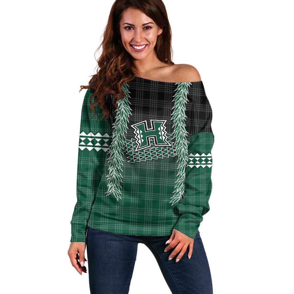 Rainbow Warriors Hawaii Palaka Off Shoulder Sweater Maile Lei LT7 Women Dark Green - Polynesian Pride