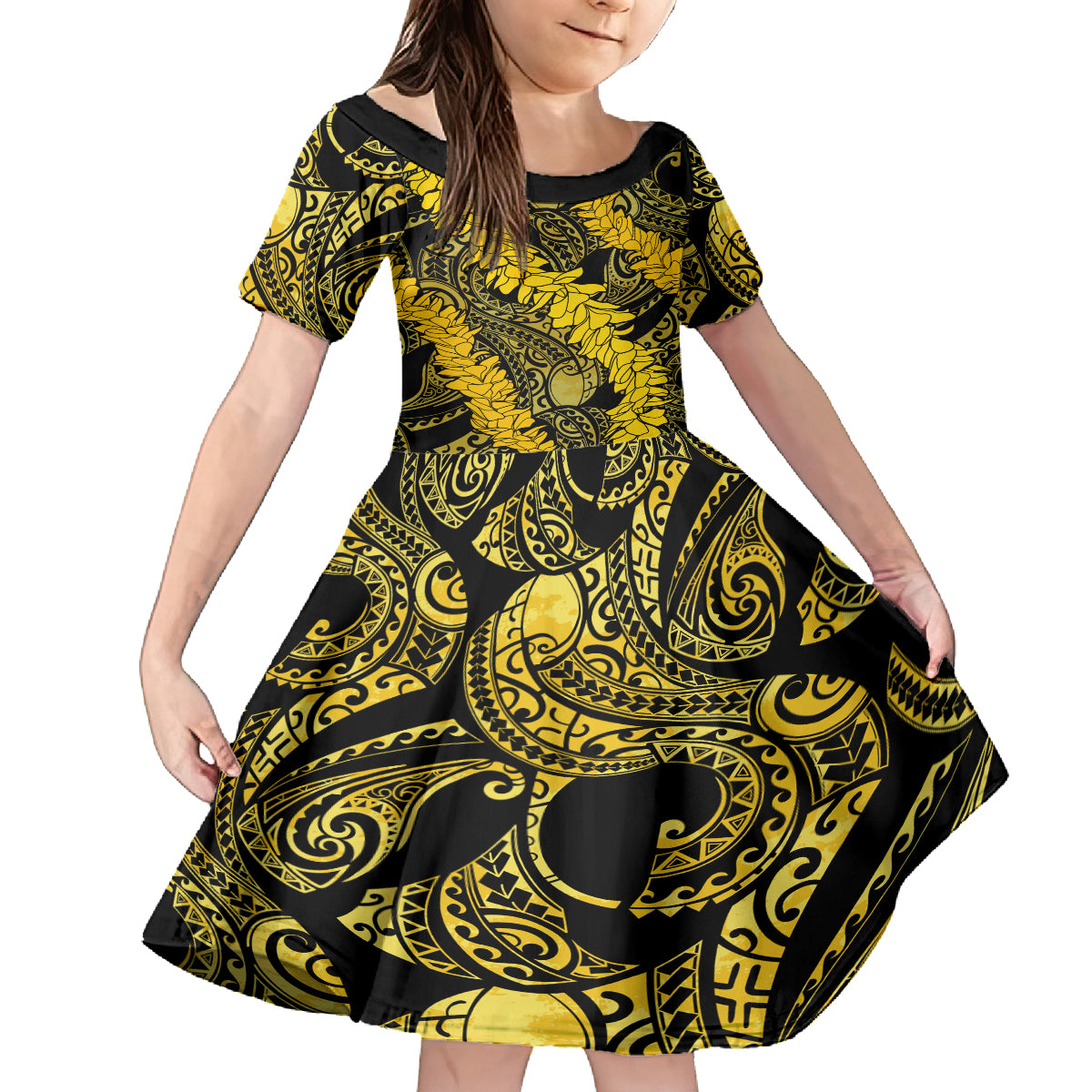 Hawaii Oahu Ilima Lei Kid Short Sleeve Dress LT7 KID Yellow - Polynesian Pride