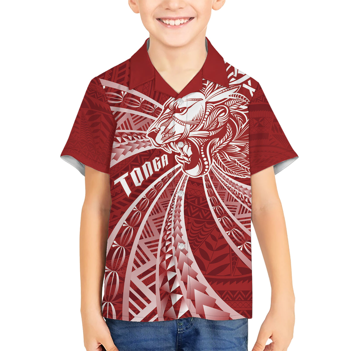 Tonga Independence Day Kid Hawaiian Shirt Tongatapu Lion Ngatu Motifs LT7 Kid Red - Polynesian Pride