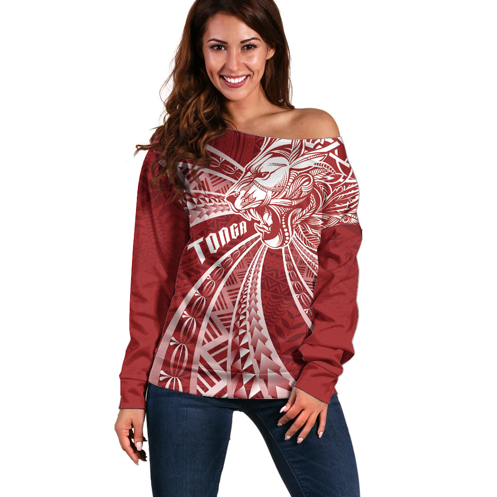 Tonga Independence Day Off Shoulder Sweater Tongatapu Lion Ngatu Motifs LT7 Women Red - Polynesian Pride