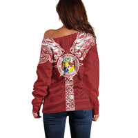 Tonga Independence Day Off Shoulder Sweater Tongatapu Lion Ngatu Motifs LT7 - Polynesian Pride