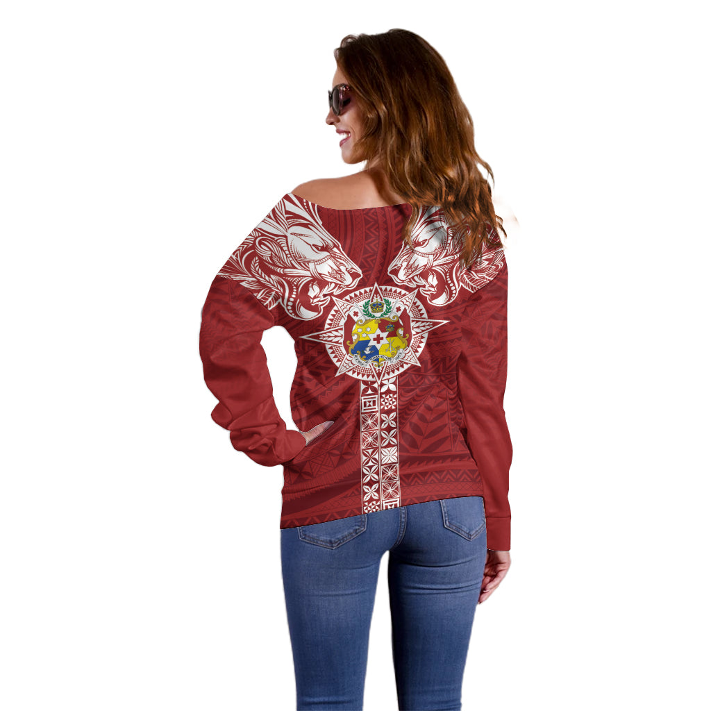 Tonga Independence Day Off Shoulder Sweater Tongatapu Lion Ngatu Motifs LT7 - Polynesian Pride