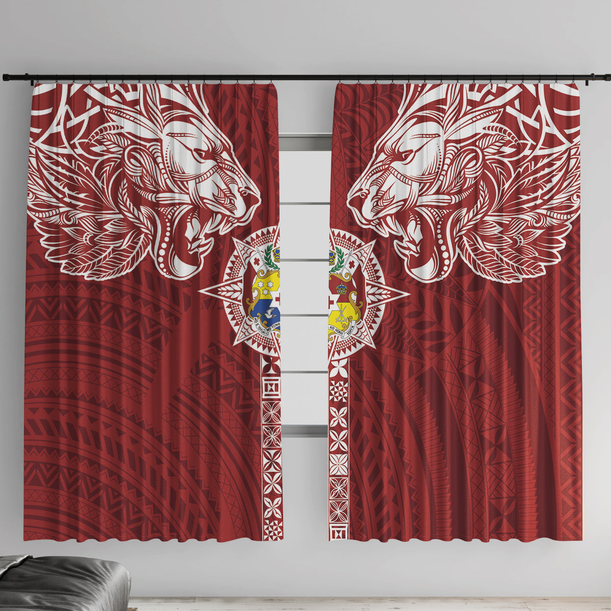 Tonga Independence Day Window Curtain Tongatapu Lion Ngatu Motifs LT7 With Hooks Red - Polynesian Pride