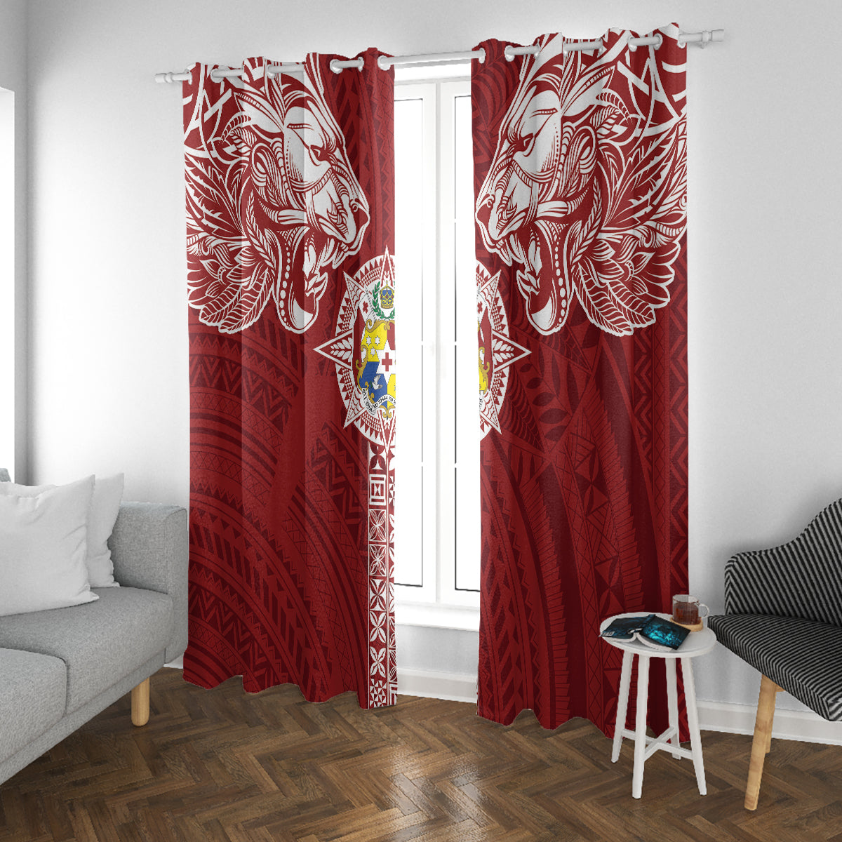 Tonga Independence Day Window Curtain Tongatapu Lion Ngatu Motifs LT7 With Grommets Red - Polynesian Pride