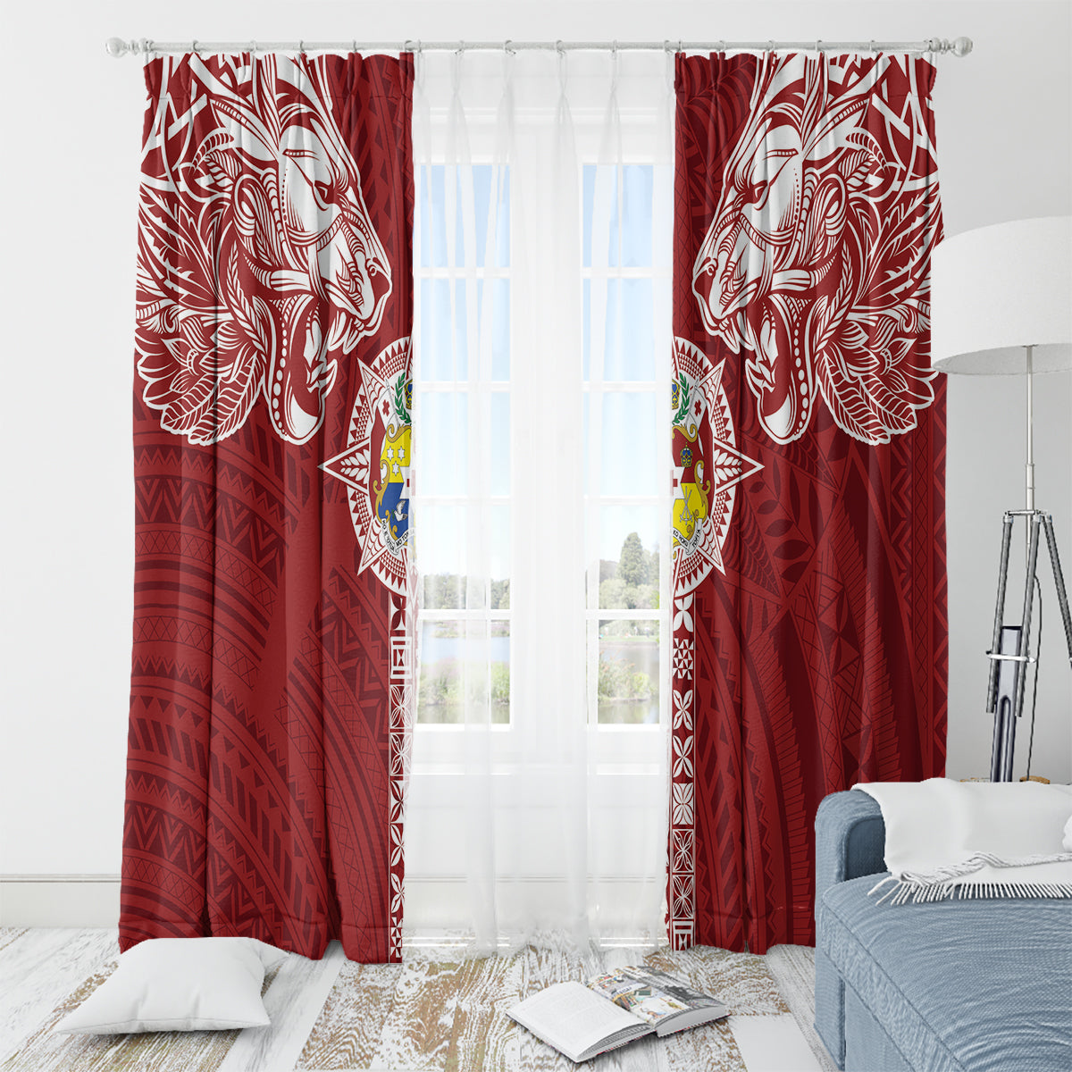 Tonga Independence Day Window Curtain Tongatapu Lion Ngatu Motifs LT7 - Polynesian Pride