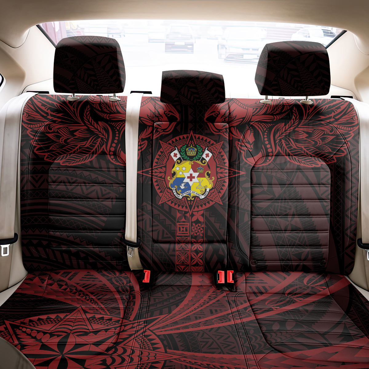 Tonga Independence Day Back Car Seat Cover Tongatapu Lion Ngatu Motifs Black Ver. LT7 - Polynesian Pride
