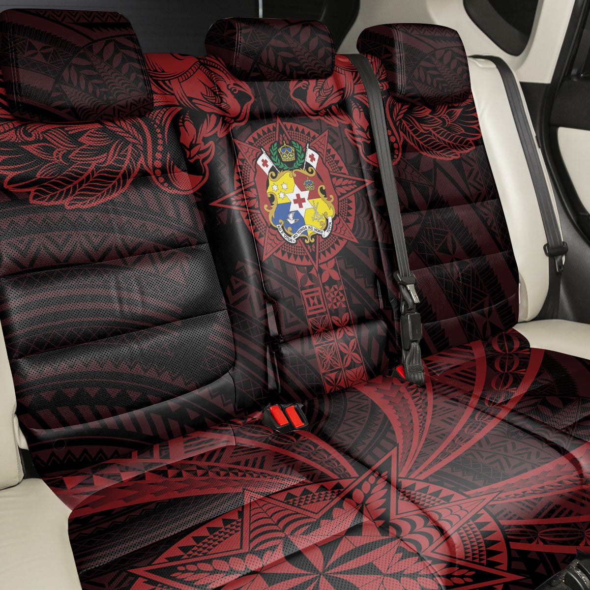 Tonga Independence Day Back Car Seat Cover Tongatapu Lion Ngatu Motifs Black Ver. LT7 - Polynesian Pride