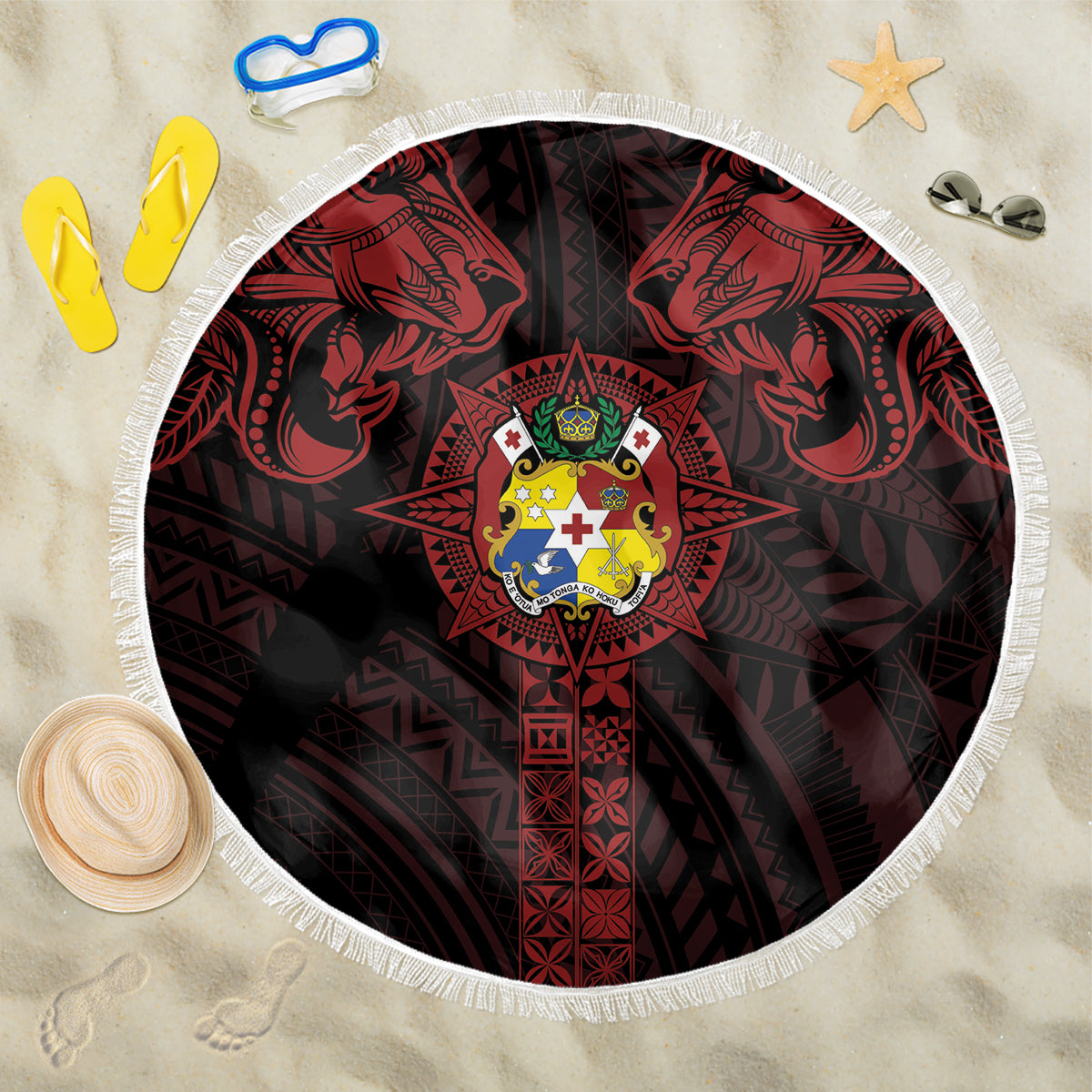 Tonga Independence Day Beach Blanket Tongatapu Lion Ngatu Motifs Black Ver. LT7 One Size 150cm Black - Polynesian Pride