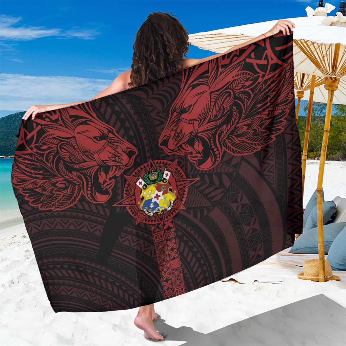 Tonga Independence Day Sarong Tongatapu Lion Ngatu Motifs Black Ver. LT7 One Size 44 x 66 inches Black - Polynesian Pride