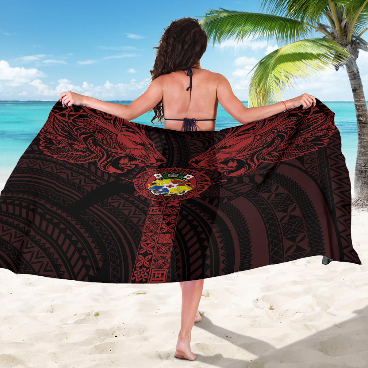 Tonga Independence Day Sarong Tongatapu Lion Ngatu Motifs Black Ver. LT7 - Polynesian Pride